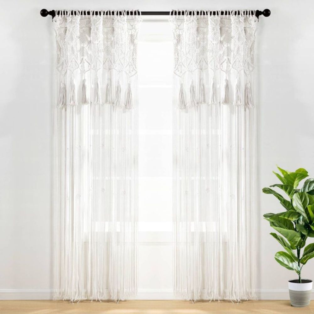 1pc 40"x84" Light Filtering Boho Macrame Tassel Curtain Panel White - Lush